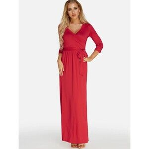 V-Neck Faux Wrap Red 3/4 Sleeve Long Maxi Dress Sz L